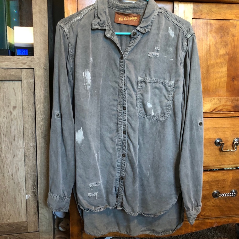 The Nu Vintage gray button down paint distress top